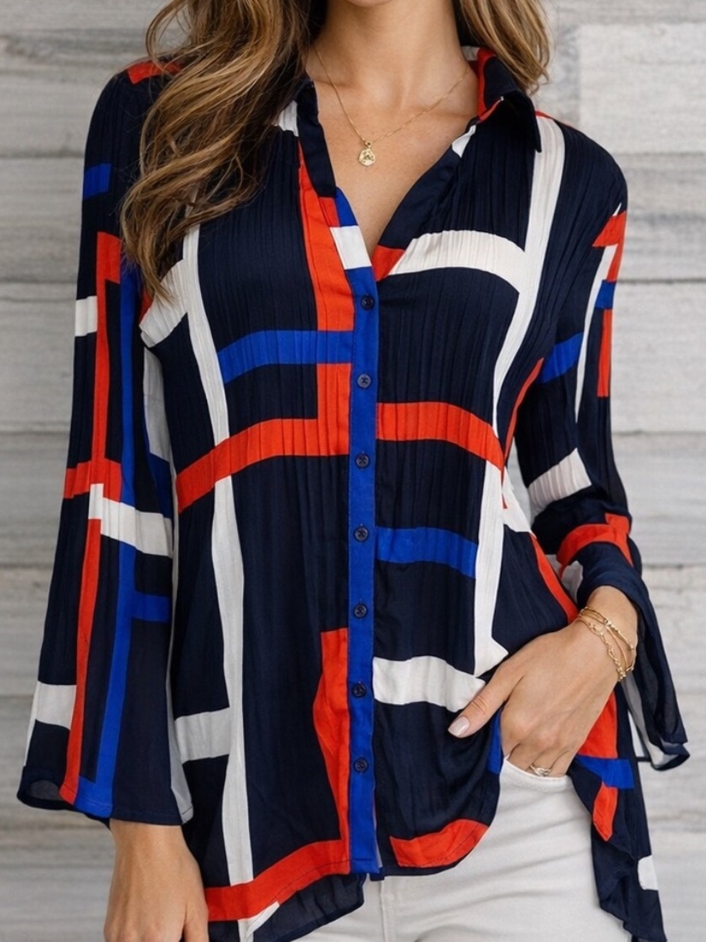 Valerie Stevens Crinkle Pleated Button Up Tunic Blouse Abstract Print Size M NWT